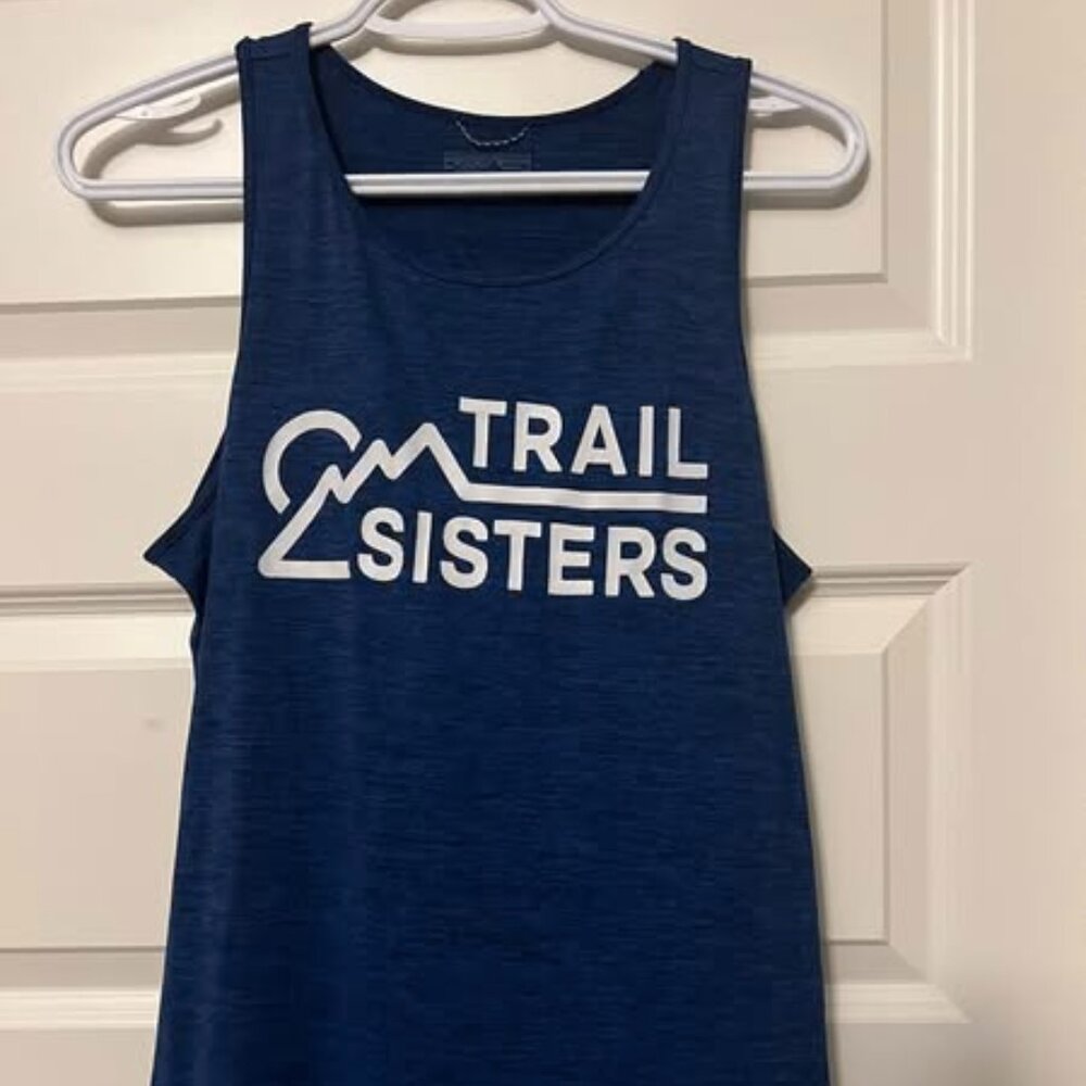 Patagonia Women’s Capilene Cool Racer Back Tank Blue w/ Trail Sisters Team logos
